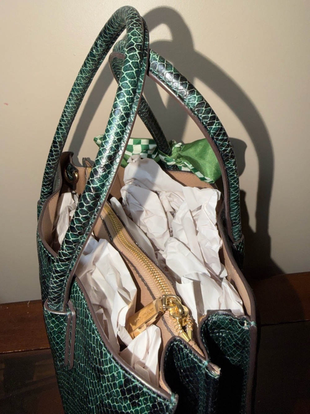 EUC Michael Kors Green Snake-Embossed Leather Tote with Green Scarf Accent - Picture 7 of 16